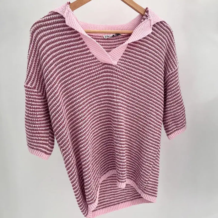 [BUNJANG] ZARA Pink Stripe Knit Short Sleeve Shirt / 자라 핑크 스트라이프 니트 반팔