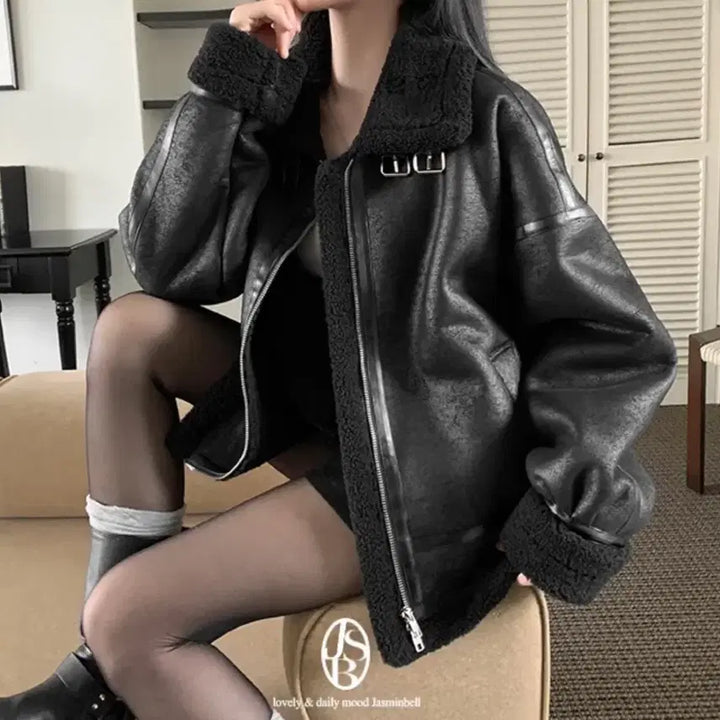 [BUNJANG] Black Shearling Lined Rider Jacket / 블랙 무스탕 퍼 라이더 자켓