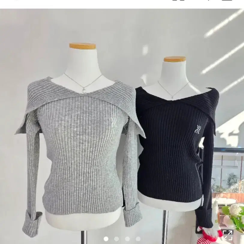 [BUNJANG] Off-the-Shoulder Knit Long Sleeve T-Shirt Gray / 오프숄더 니트 긴팔티 회색