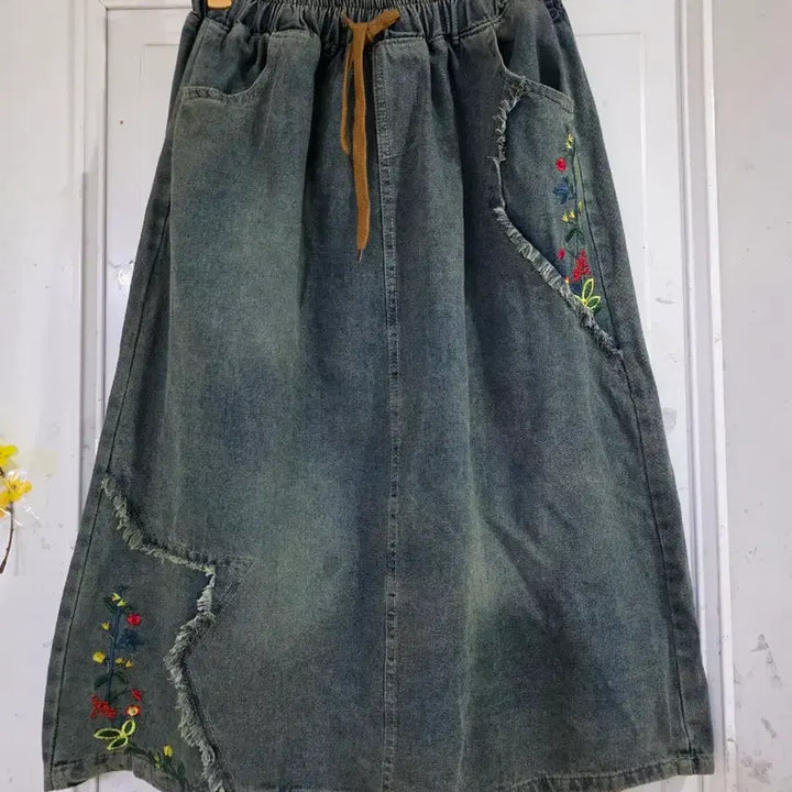 [BUNJANG] Denim Long Skirt - Floral Embroidery / 봄  여름  디자인이쁜  고급스런 청롱스커트  거의새거  28까지