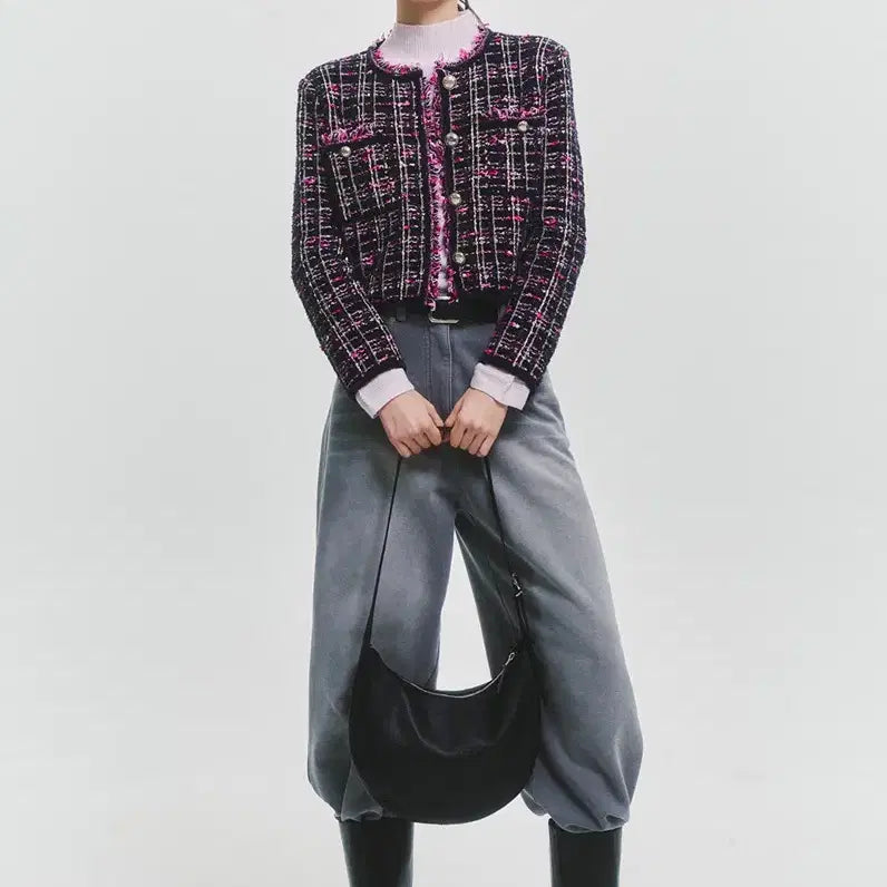 [BUNJANG] TIME Collection Fringe Black Pink Tweed Jacket / 새상품)한섬 타임 TIME 프린지 블랙 핑크 트위드 자켓