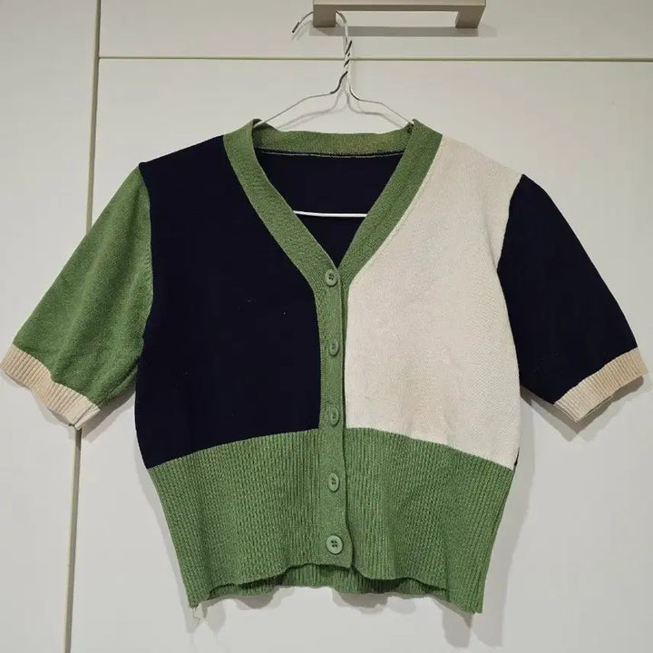 [BUNJANG] Colorblock Short-Sleeve Cardigan (Green/Navy/Ivory) / 배색 반팔 가디건 그린/네이비/아이보리