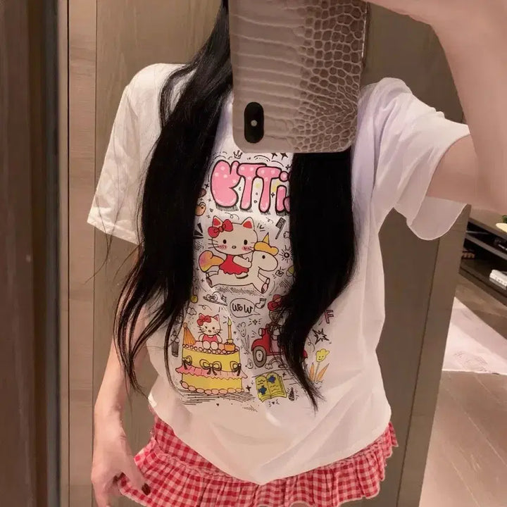 [BUNJANG] Kitty Character Short Sleeve T-Shirt White / 키티 캐릭터 반팔 티셔츠 화이트