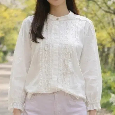 [BUNJANG] AtG Frill &amp; Shirring Color-Block Blouse / AtG 프릴&amp;셔링 배색 블랏 (55/F)