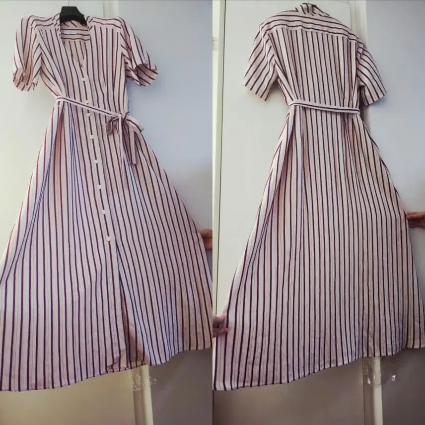 [BUNJANG] Sandro Paris Striped A-Line Shirt Dress with Belt / [최상급] 정품산드로(Sandro)스트라이프 A라인 셔츠형 벨트롱 원피스
