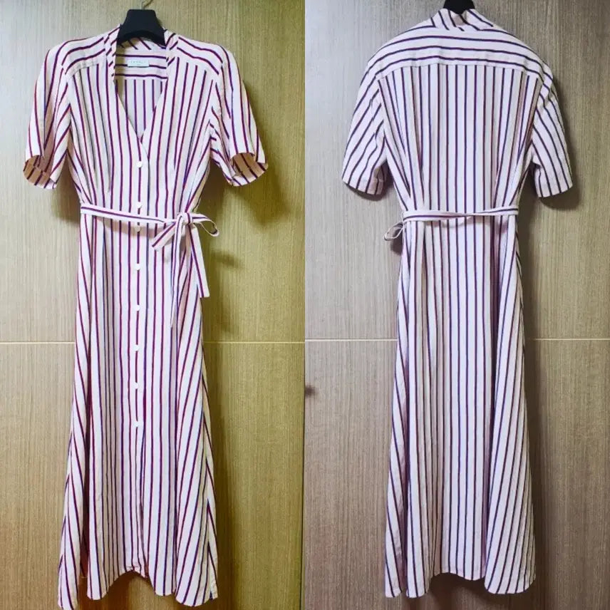 [BUNJANG] Sandro Paris Striped A-Line Shirt Dress with Belt / [최상급] 정품산드로(Sandro)스트라이프 A라인 셔츠형 벨트롱 원피스