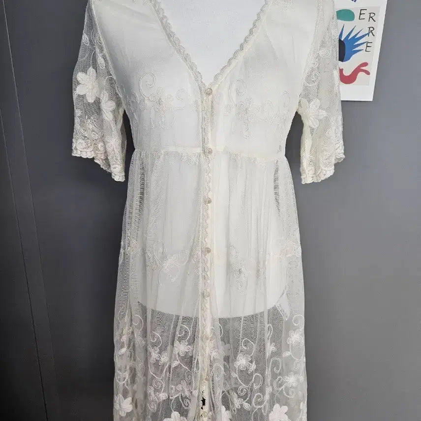 [BUNJANG] Ivory Flower Lace Robe Dress / 아이보리 플라워 레이스 원피스 로브