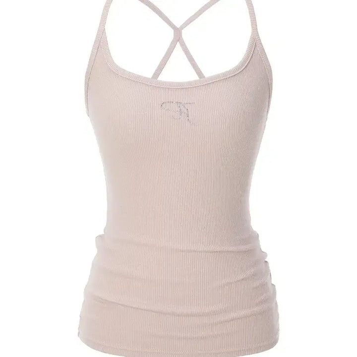 [BUNJANG] 3Times Jewel Cross Back Tank Top - Pink / 쓰리타임즈 Jewel cross back tank top