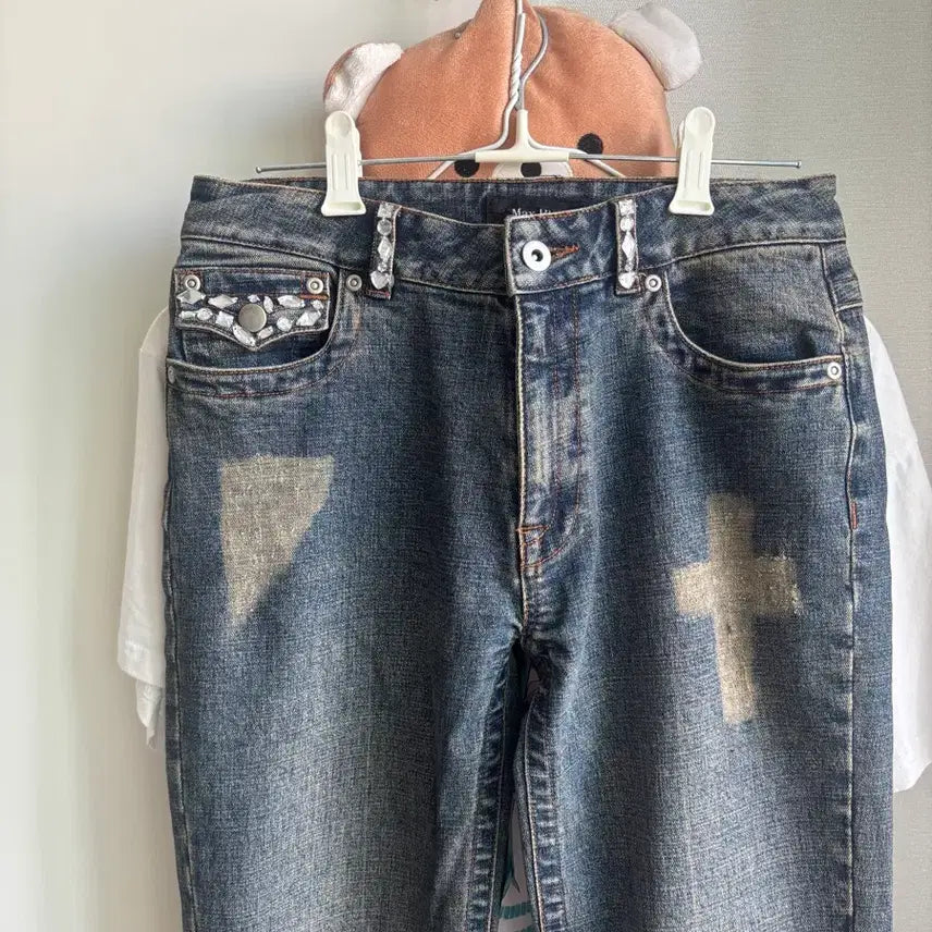 [BUNJANG] Cubic Wash Semi Bootcut Denim Jeans / 큐빅 워싱 세미부츠 데님 y2k 청바지