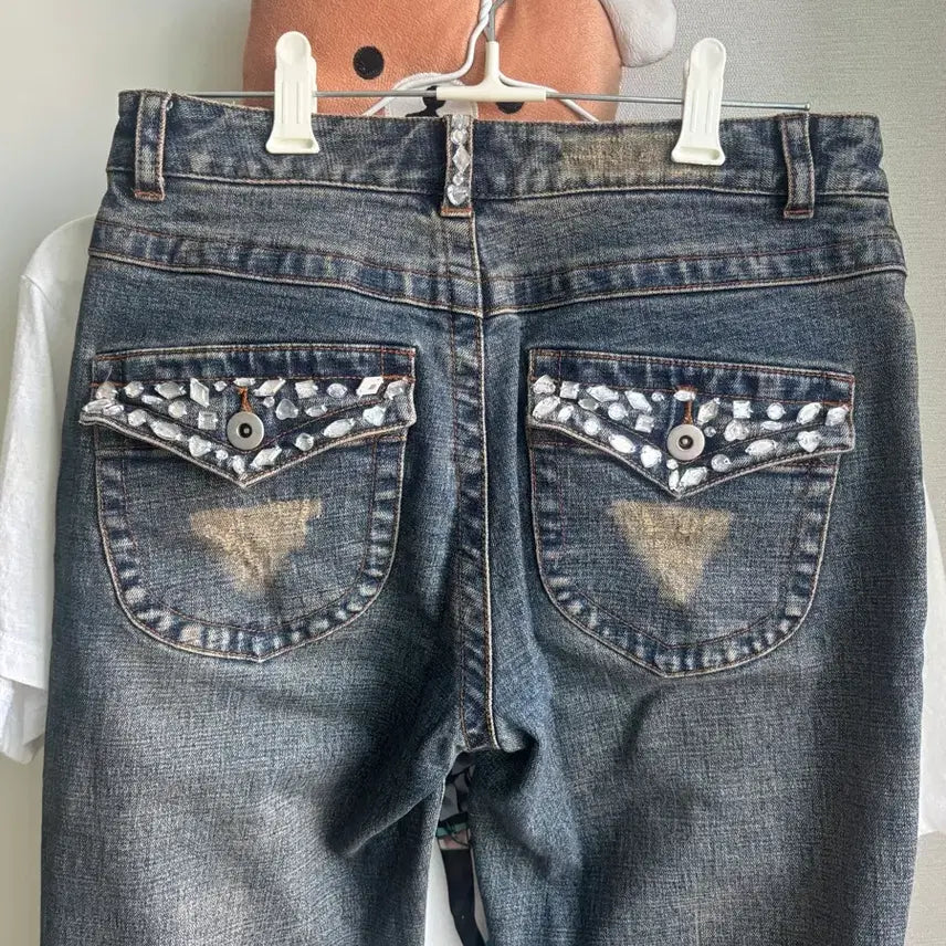 [BUNJANG] Cubic Wash Semi Bootcut Denim Jeans / 큐빅 워싱 세미부츠 데님 y2k 청바지