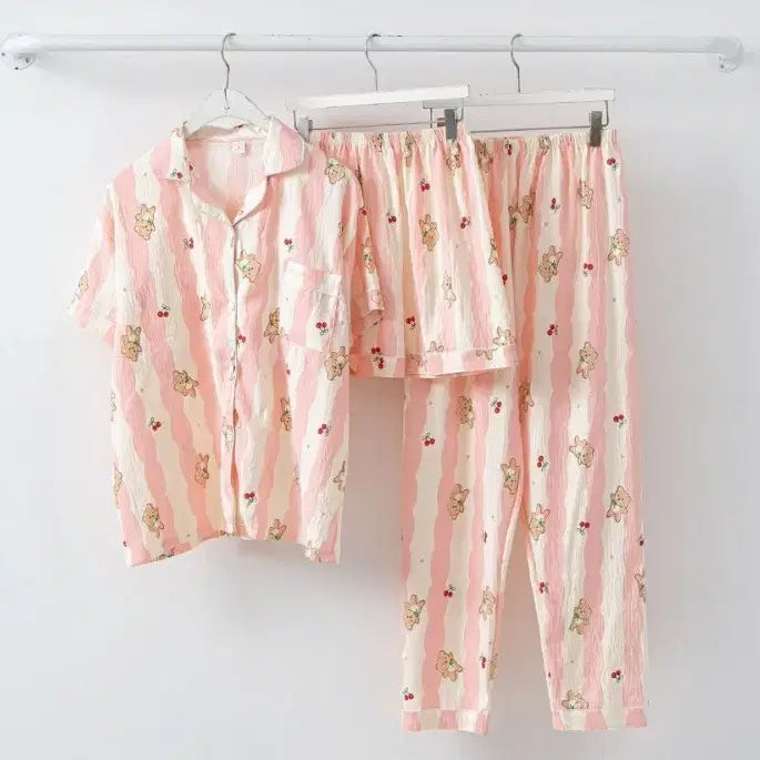 [BUNJANG] 3-Piece Pajama Set (Short Sleeve Top, Shorts, Pants) / 핑크 잠옷 3종세트 (반팔+반바지+긴바지)