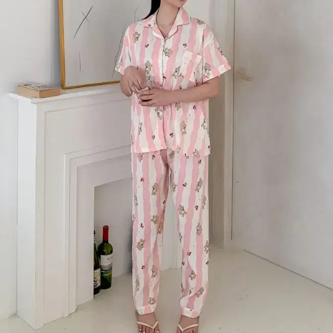 [BUNJANG] 3-Piece Pajama Set (Short Sleeve Top, Shorts, Pants) / 핑크 잠옷 3종세트 (반팔+반바지+긴바지)