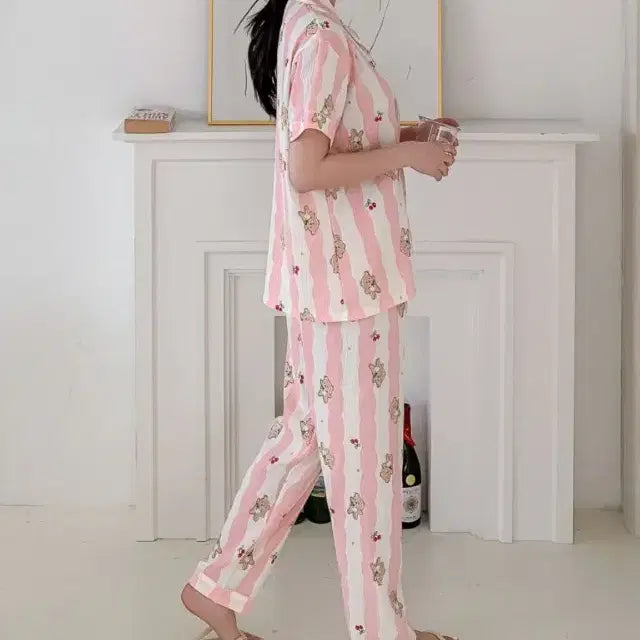 [BUNJANG] 3-Piece Pajama Set (Short Sleeve Top, Shorts, Pants) / 핑크 잠옷 3종세트 (반팔+반바지+긴바지)