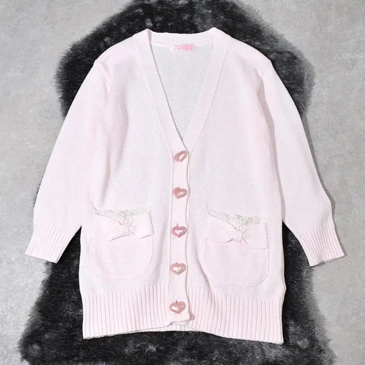[BUNJANG] Trallalala Strawberry Milk Ribbon Cardigan / (교/판)트랄라라 대대장 유일매물 하트단추 딸기우유 리본 가디건