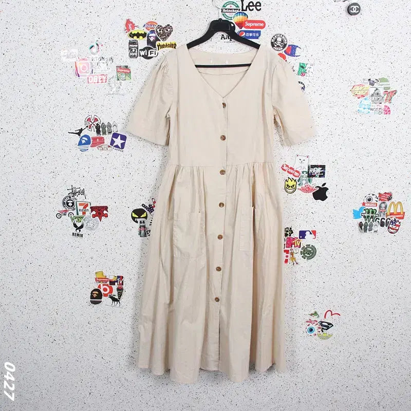[BUNJANG] Button Point Short Sleeve Long Dress / 여성F/ 버튼 포인트 반팔 롱원피스IV 37-7