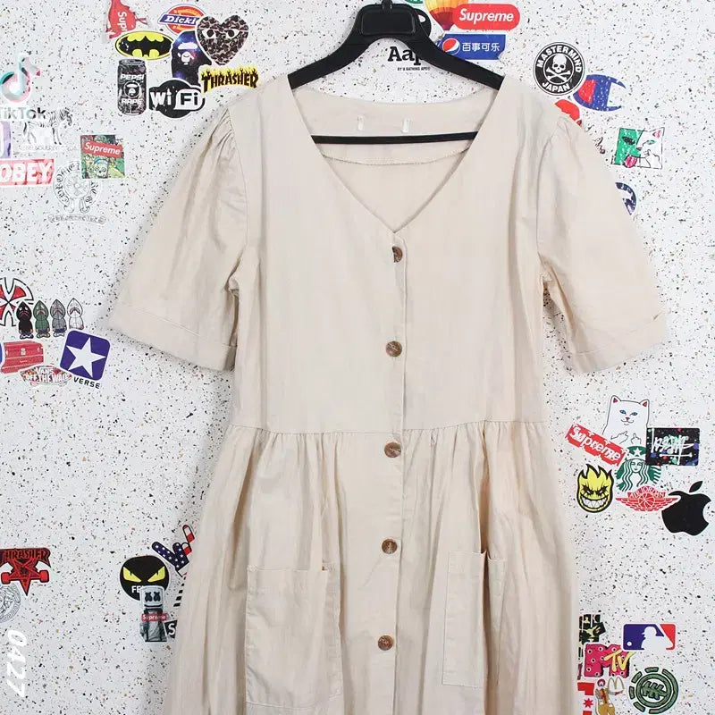 [BUNJANG] Button Point Short Sleeve Long Dress / 여성F/ 버튼 포인트 반팔 롱원피스IV 37-7