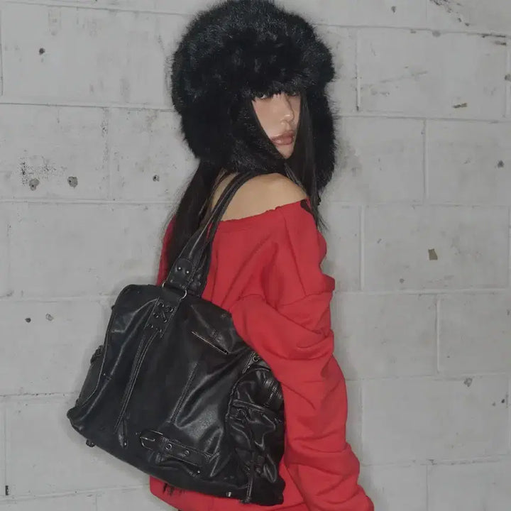 [BUNJANG] Fancy Club Belted Washed Leather Tote Bag Black / 팬시클럽 fancy club 벨티드 워싱 레더백 블랙