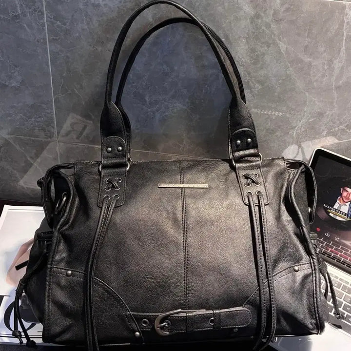 [BUNJANG] Fancy Club Belted Washed Leather Tote Bag Black / 팬시클럽 fancy club 벨티드 워싱 레더백 블랙