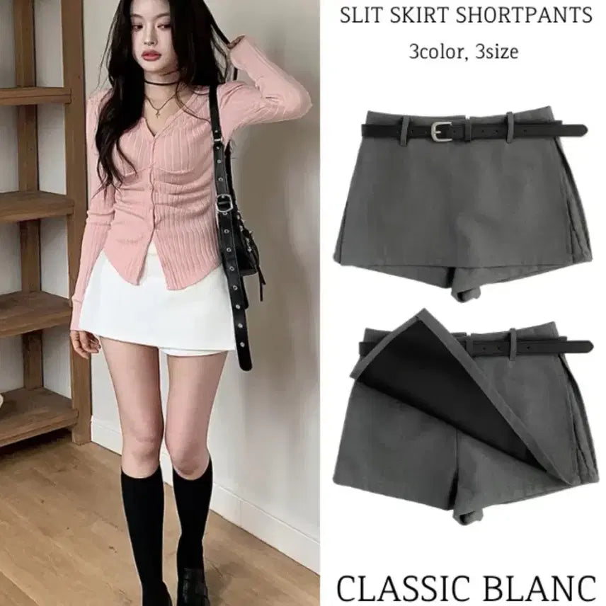 [BUNJANG] Ablley Classic Blanc Belt Set Side Slit Wrap Skirt Shorts / 에이블리 클래식블랑 벨트 세트옆트임 랩 치마바지 미니스커트 숏팬츠 반바지