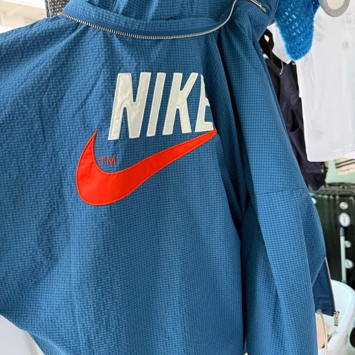 [BUNJANG] Nike Blue Check Hooded Zip-Up Windbreaker / 나이키 바람막이 블루 체크 후드 집업