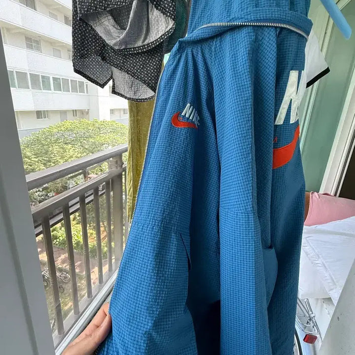 [BUNJANG] Nike Blue Check Hooded Zip-Up Windbreaker / 나이키 바람막이 블루 체크 후드 집업