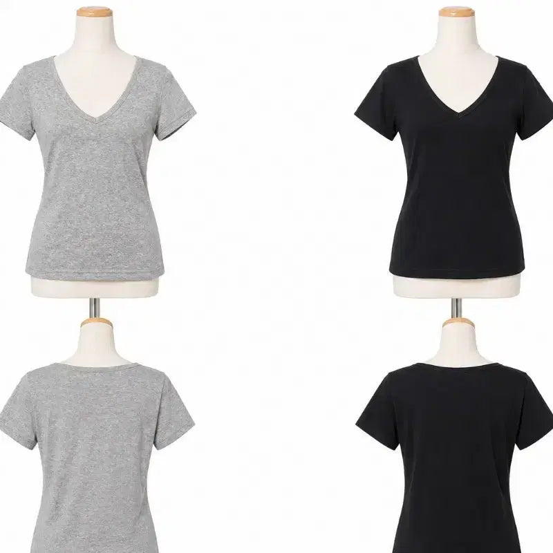 [BUNJANG] V-Neck Short Sleeve T-Shirt Set (Grey/Black) / V넥 반팔 티셔츠 회색/검정 S XL