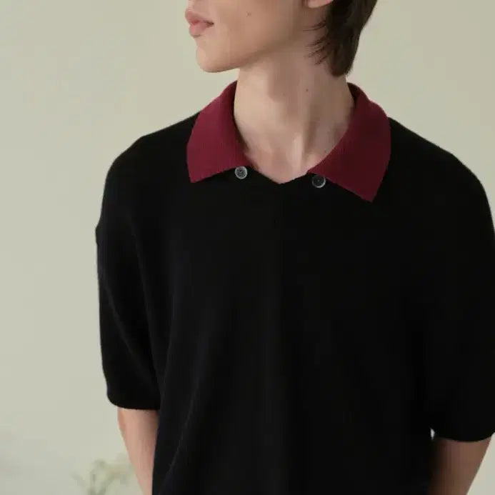 [BUNJANG] Wavyness Toggle Petal Collar V-Neck Half Knit Black Burgundy / 웨이비니스 토글 페탈 칼라 브이넥 하프 니트 블랙 버건디