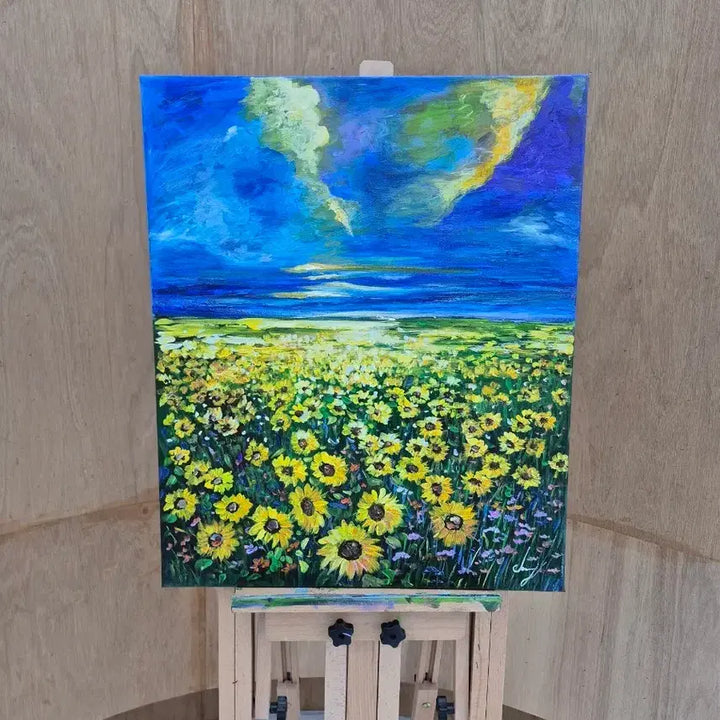 [BUNJANG] Sunflower Field with Blue Sky Oil Painting / 해바라기들판 위에 푸른 시간
