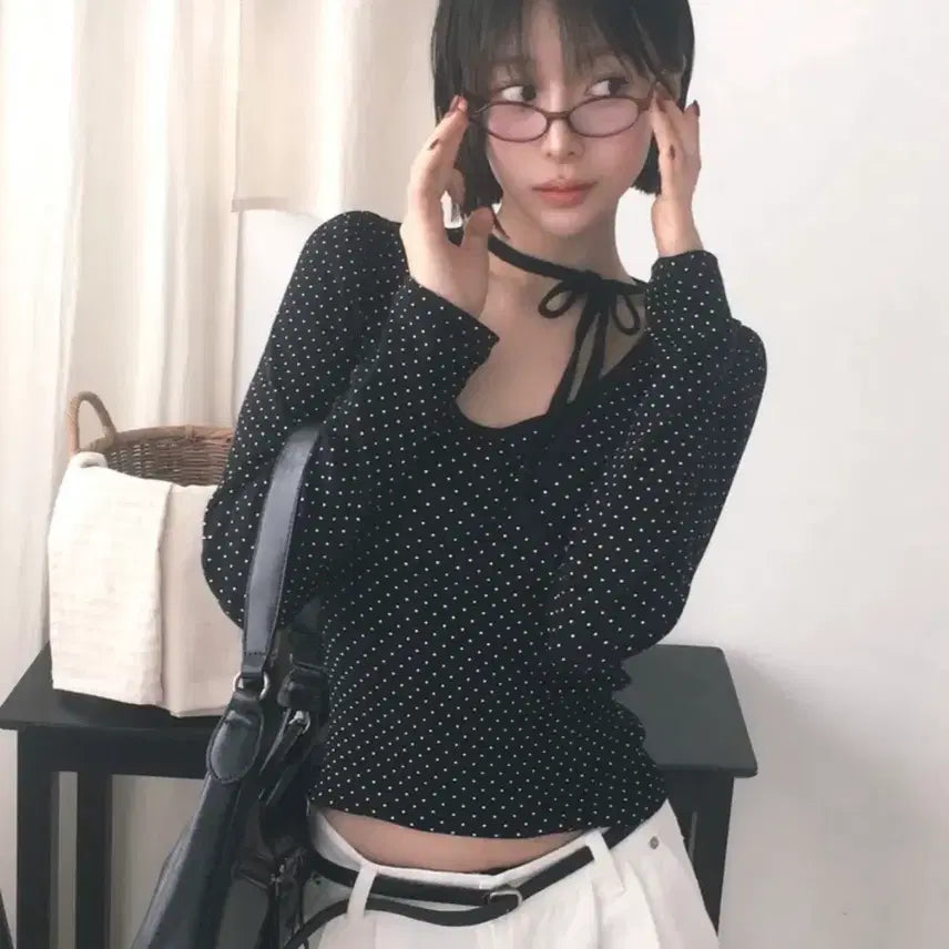 [BUNJANG] Dot Ribbon Strap Long Sleeve Top / 에이블리 도트 리본 스트랩 긴팔