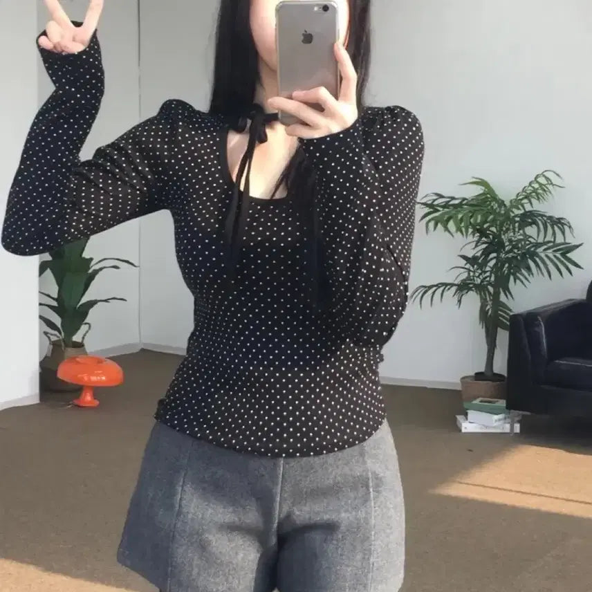 [BUNJANG] Dot Ribbon Strap Long Sleeve Top / 에이블리 도트 리본 스트랩 긴팔