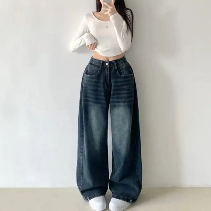 [BUNJANG] Abley Vintage Wash Side Pintuck Long Wide Jeans / 에이블리 빈티지 워싱 사이드 핀턱 롱와이드 청바지