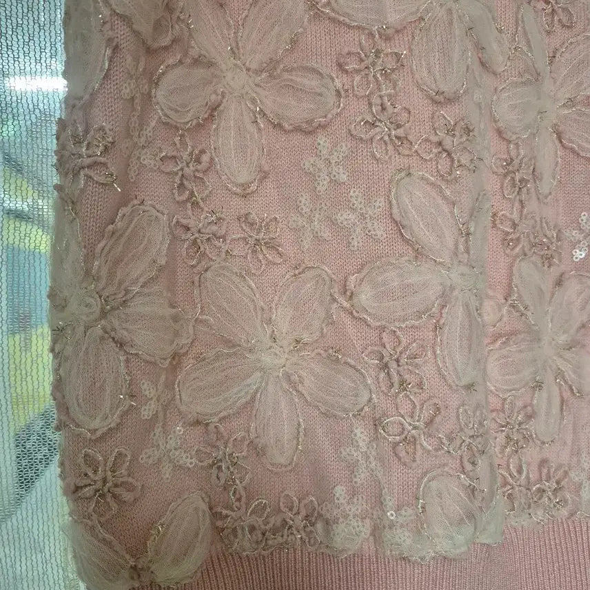 [BUNJANG] Anna Sui Pink Floral Embroidered Short Sleeve Knit Top / 안나수이 핑크 꽃 자수 반팔 니트90/55