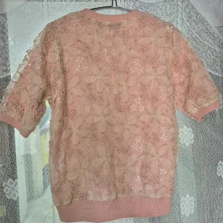 [BUNJANG] Anna Sui Pink Floral Embroidered Short Sleeve Knit Top / 안나수이 핑크 꽃 자수 반팔 니트90/55