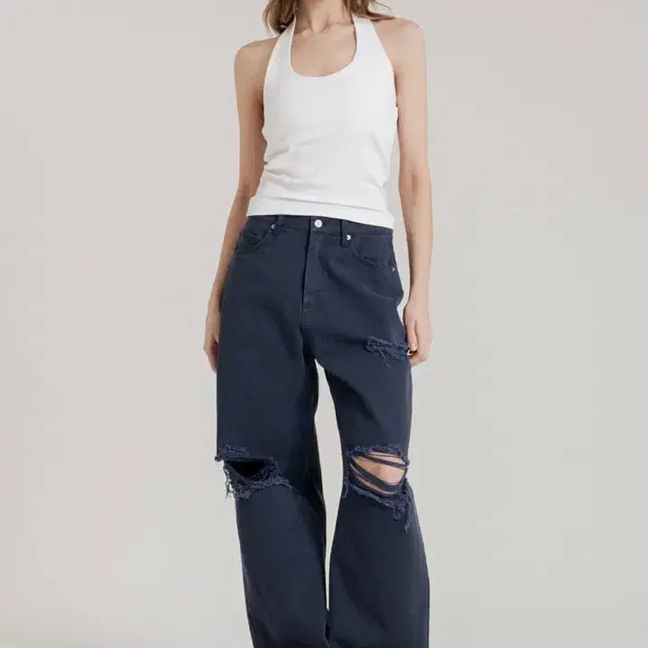 [BUNJANG] Shin &amp; Lee Muted Destroyed Denim Navy Pants / 신앤리 muted destroyed denim navy