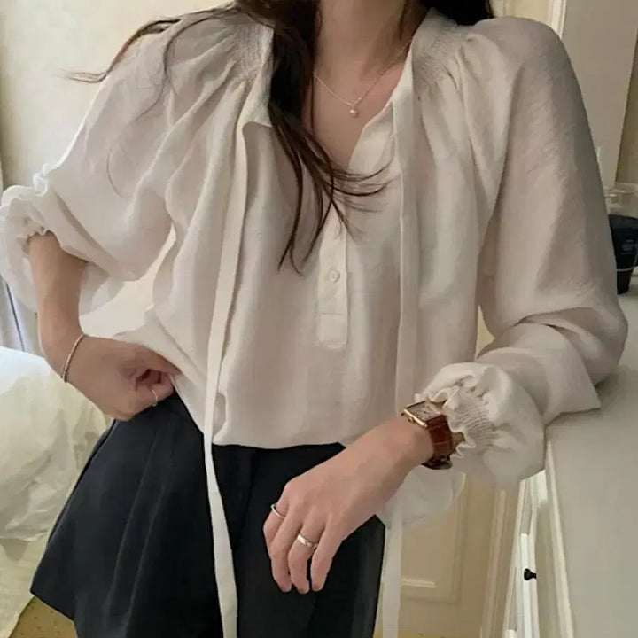[BUNJANG] Summer Bow Tie Blouse / [새옷]여름블라우스 여름긴팔 살안타 타이블라우스 리본블라우스 하객룩