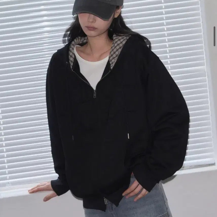 [BUNJANG] Leatherry Star Patch Check Hooded Zip-Up Black / 레더리 스타 패치 체크 후드 집업 블랙