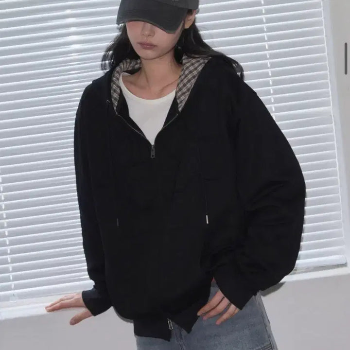 [BUNJANG] Leatherry Star Patch Check Hooded Zip-Up Black / 레더리 스타 패치 체크 후드 집업 블랙
