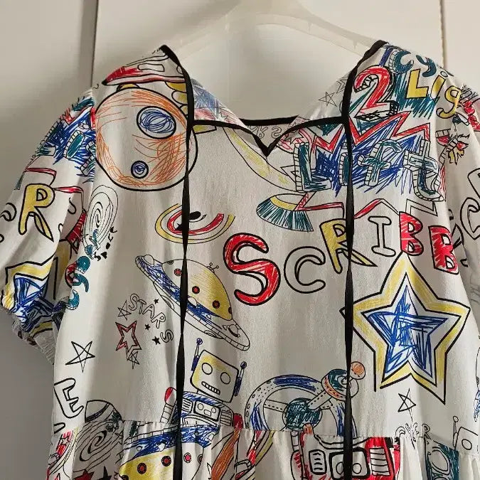 [BUNJANG] White Graffiti Pattern Short Sleeve Dress (Size 55-66) / 화이트 낙서 패턴 반팔 원피스 55~66