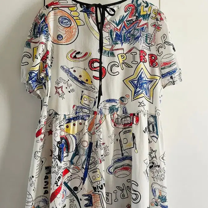 [BUNJANG] White Graffiti Pattern Short Sleeve Dress (Size 55-66) / 화이트 낙서 패턴 반팔 원피스 55~66