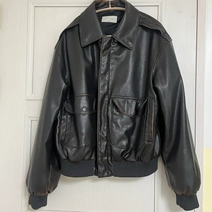 [BUNJANG] Basil in Bottle Leather Blue Jacket with Detachable Collar / 바질인보틀 레더 블루종 가죽 자켓(카라 탈부착)