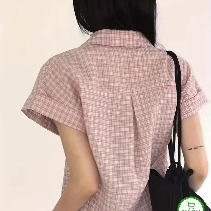 [BUNJANG] Pink Check Short Sleeve Casual Shirt / 에이블리 테무 상의 봄 여름 빈티지 여성 패션 반팔 캐주얼 핑크 체크셔츠