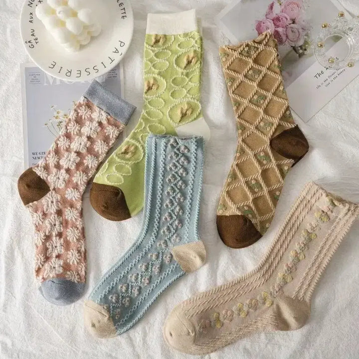 [BUNJANG] Flower Embroidery Socks Set (5 Pairs) / 플라워 자수 양말세트(새상품)