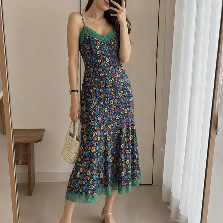[BUNJANG] Flower Pattern Strap Long Dress / 플라워 패턴 끈 롱 원피스
