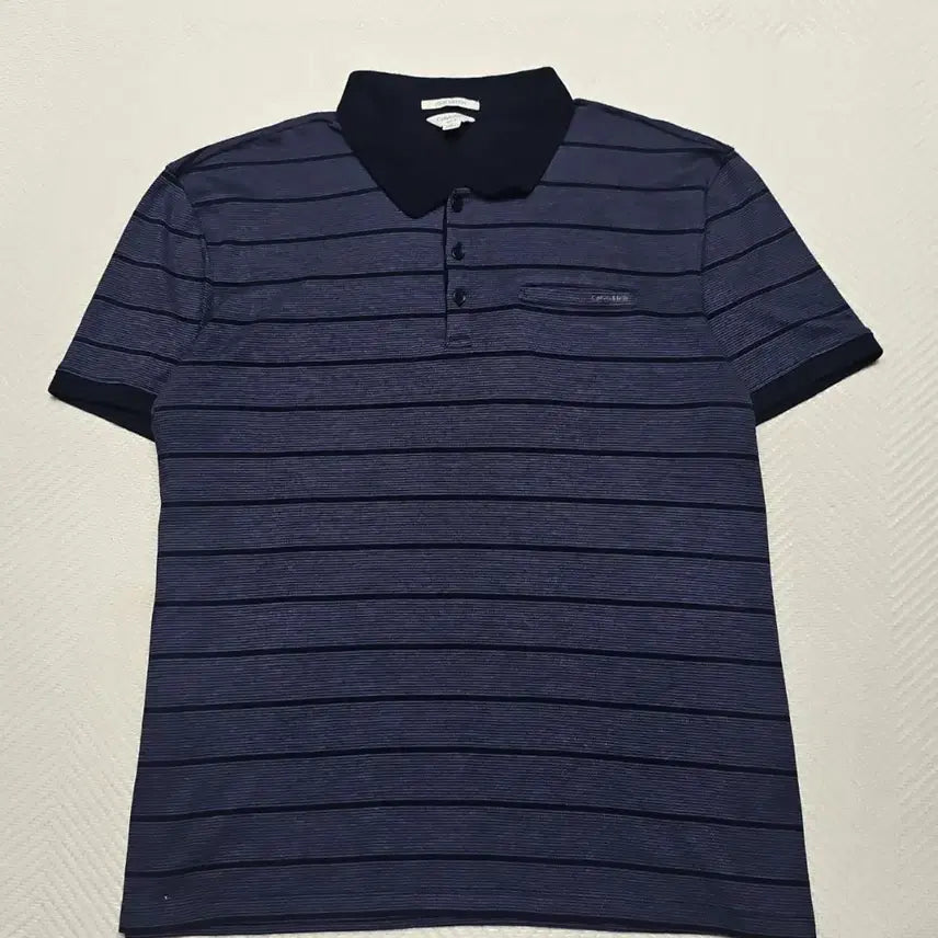 [BUNJANG] Calvin Klein Navy Striped Short Sleeve Polo Shirt / 캘빈클라인 네이비 스트라이프 반팔 카라티