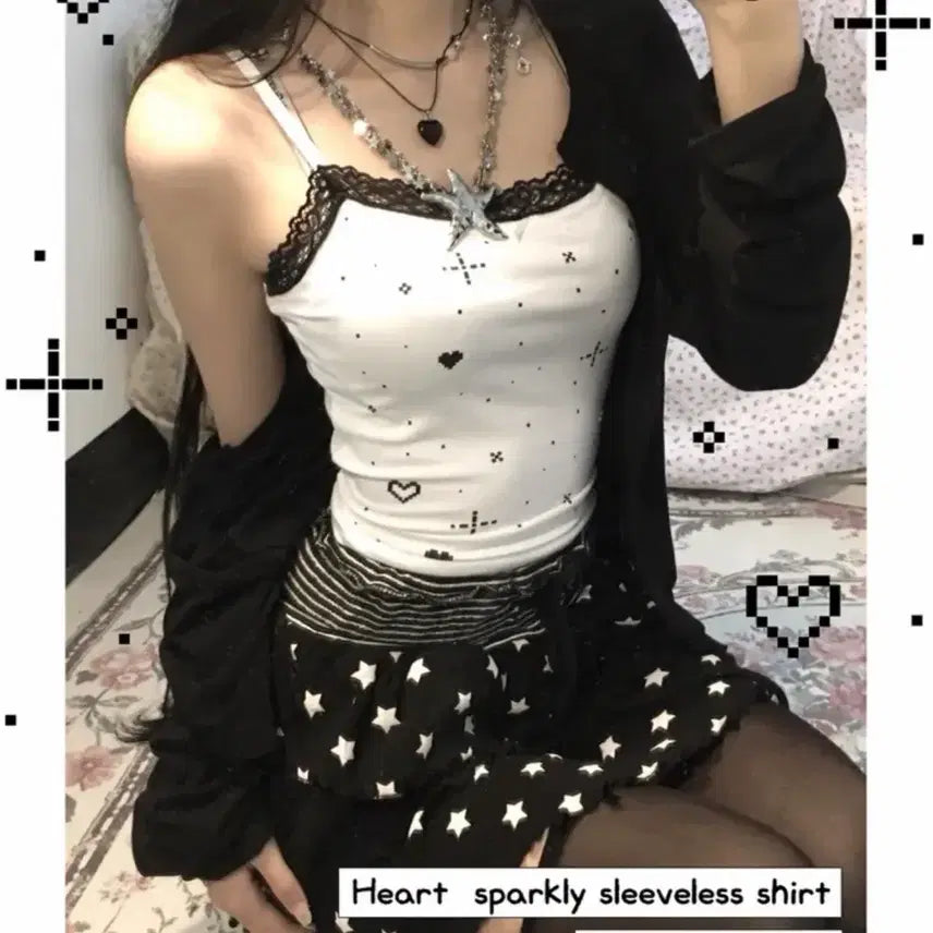 [BUNJANG] White Lace Heart Pattern Sleeveless Tank Top / 레이스 하트 패턴 민소매 화이트 나시