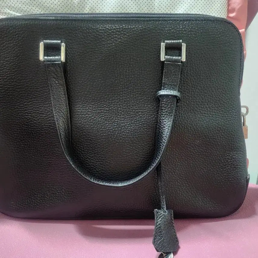[BUNJANG] Black Leather Tote Bag with Lock and Key / 새상품 이태리 블랙 가죽 토트백 (자물쇠/키 포함  비지니스 가방