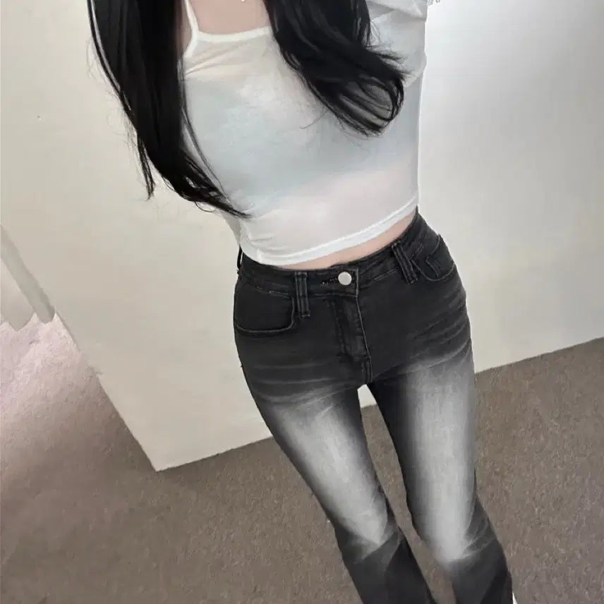 [BUNJANG] Jasmine Bell Slim Grey Black Wash Long Bootcut Denim Jeans / 자스민벨 슬림 그레이 흑청 워싱 롱 부츠컷 데님