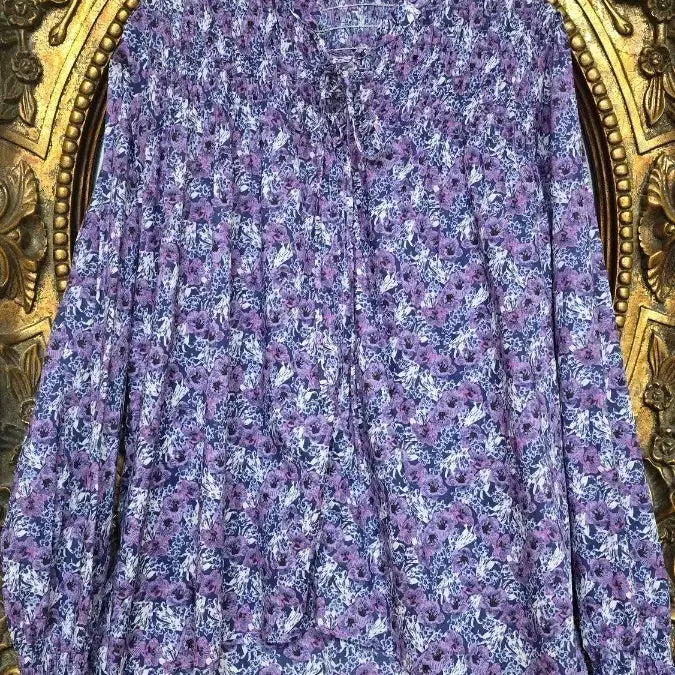 [BUNJANG] The Edge Purple Flower Smocking Blouse / 더엣지  퍼플 플라워 셔링 면소재 블라우스(55-66)