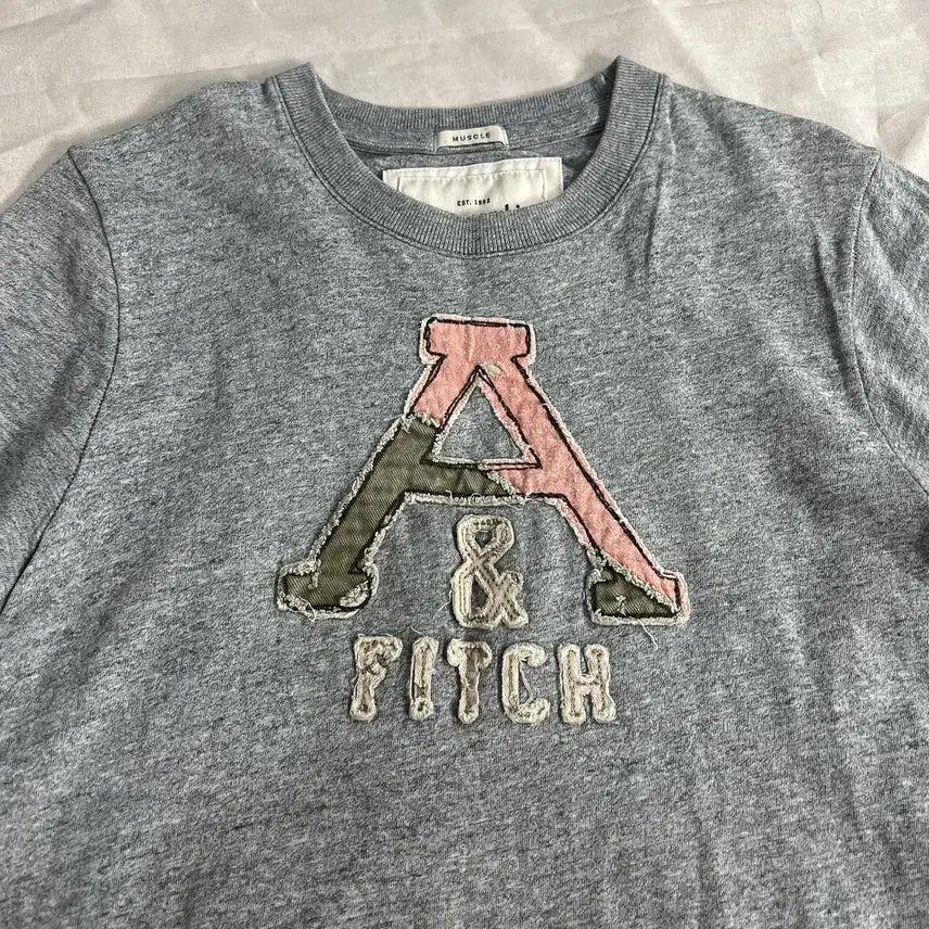 [BUNJANG] Abercrombie &amp; Fitch Patch Short Sleeve T-Shirt Grey / 아베크롬비 앤 피치 정품 핑크그린 패치 반팔 그레이