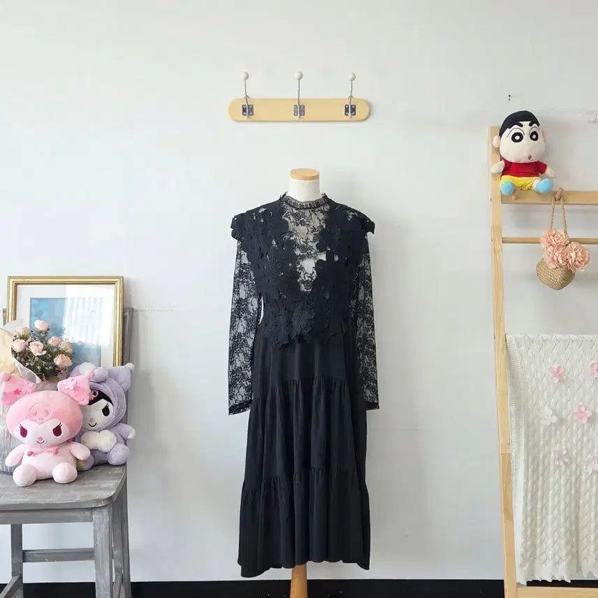 [BUNJANG] Vintage Black Flower Long Dress / 빈티지 만원샵 블랙 플라워 롱 원피스